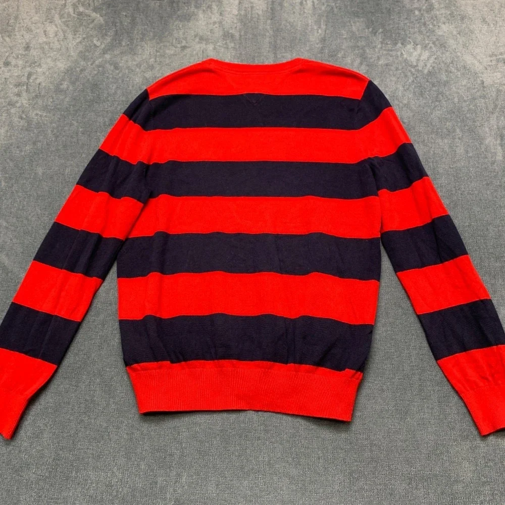 Tommy Hilfiger Sweater Mens Small Navy Blue Red Striped Cotton Tight Knit Winter